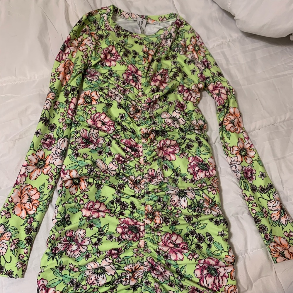 COLLUSION Ruched Neon Floral Jersey Bodycon Dress